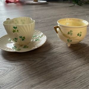 Belleek Fermanagh Irish Hand Painted Shamrock Tea Cup, Saucer and Sugar Bowl